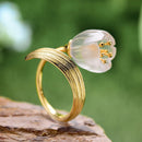 Lotus Fun Ring aus echtem 925er Sterlingsilber, 18 Karat Gold, natürlicher Kristall, handgefertigt, feiner Schmuck, Maiglöckchen, Blumenringe für Frauen