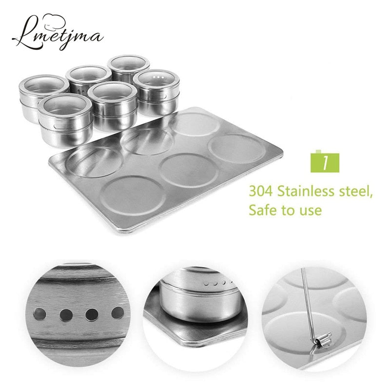 LMETJMA Magnetic Spice Jars with Spice Rack 304 Stainless Steel Spice Tins Spice Storage Jar Tins Pepper Seasoning Shakers Jars