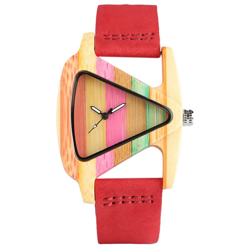 Unique Colorful Wood Watch Creative Triangle Shape Dial Hour Clock Women Quartz Leather Bracelet Watch Women&