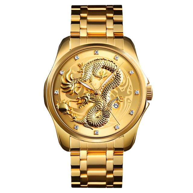 2020 SKMEI Luxus Chinesische Drachen Muster Männer Goldene Quarzuhr Männliche Uhren Wasserdichte Armbanduhren Relogio Masculino 9193