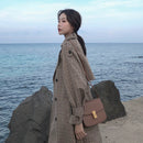 Korean Style Ladies Trench Coat Plaid Long Double Breasted Belted Oversize Loose Women Duster Coat Outerwear with Storm Flaps