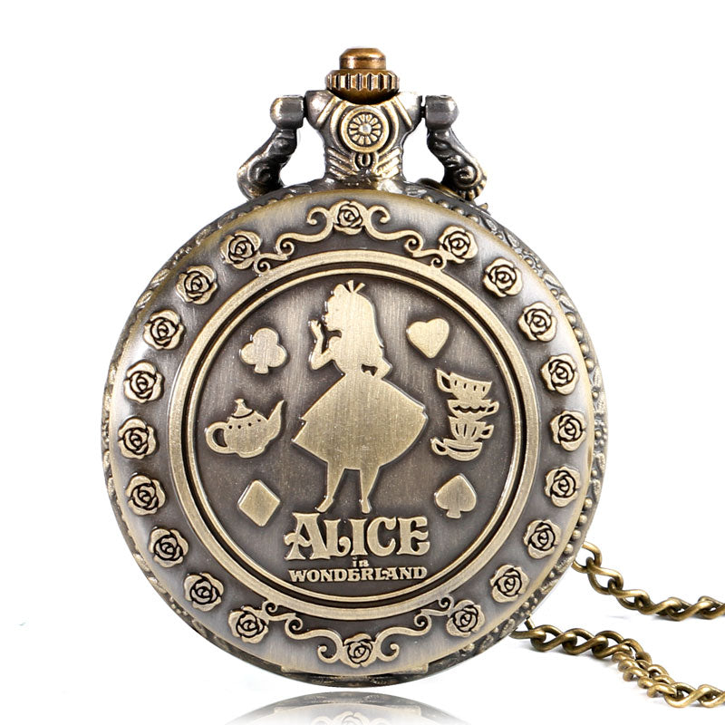 Reloj de bolsillo de cuarzo redondo con diseño de Alicia en el país de las Maravillas para hombre de ferrocarril 2020 con cadena de collar para regalo de niña y mujer