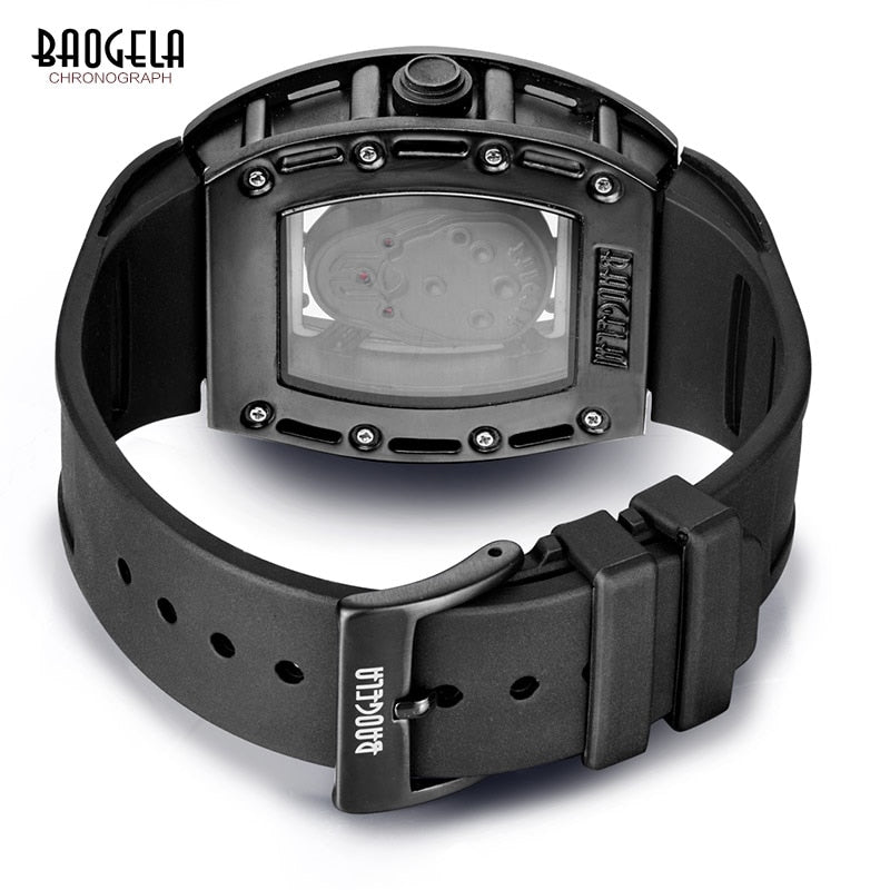 Baogela Fashion Mens Skeleton Skull Luminous Quartz Watches Military Style Black Silicone Rectangle Dial Armbanduhr für Man1612