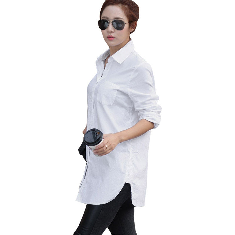 Women White Blouse  Female Boyfriend Style Long Sleeve Oversize Shirt Fashion Collar Cotton Tops Casual Loose Shirts