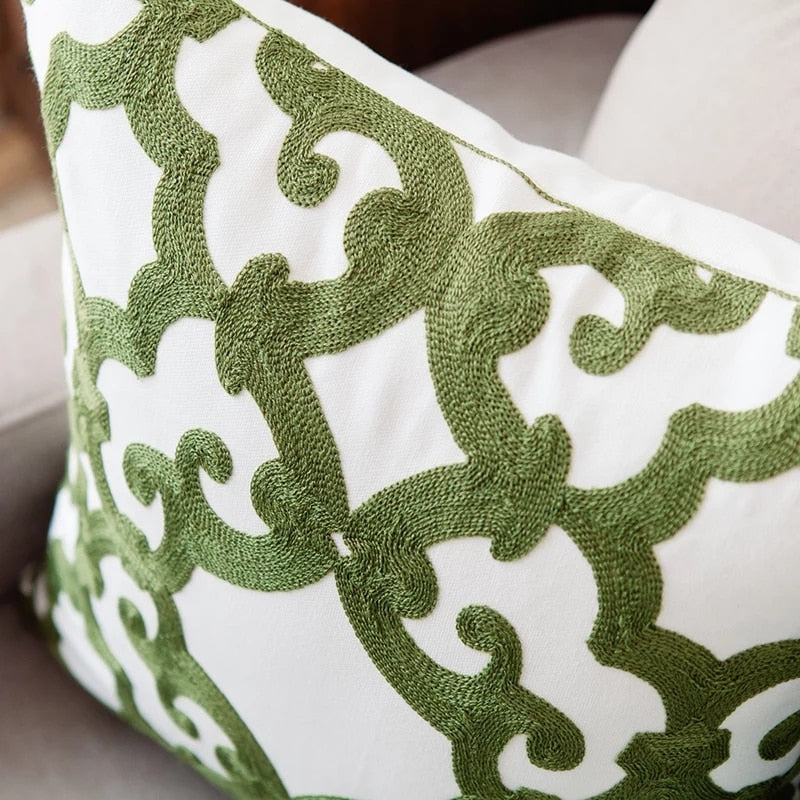 Home Decor Emboridered Cushion Cover Green Geometric Canvas Cotton Suqare Embroidery Pillow Cover 45x45cm