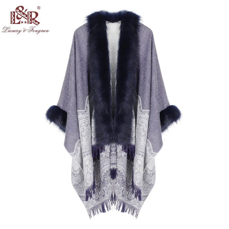 2020 Winter Foulard Women Poncho With Fur Collar Floral Female Cashmere Shawls Scarf Jacquard Skill Warm Pashmina Poncho Tassel