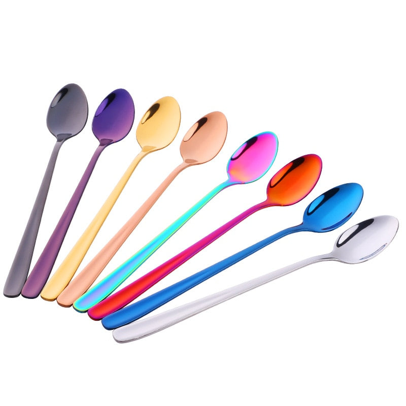 Stainless Steel Ice Spoon 8 Colors Dessert Scoop for Ice Cream Long Handle Honey Spoons Set Gold Yogurt Stirring Tools Mixing