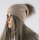 Herbst Winter Bommel Beanie Hut Frauen Wolle Gestrickte Skullies Beanies Lässige Weibliche Kaschmirmütze Echter Waschbärpelz Bommelmütze