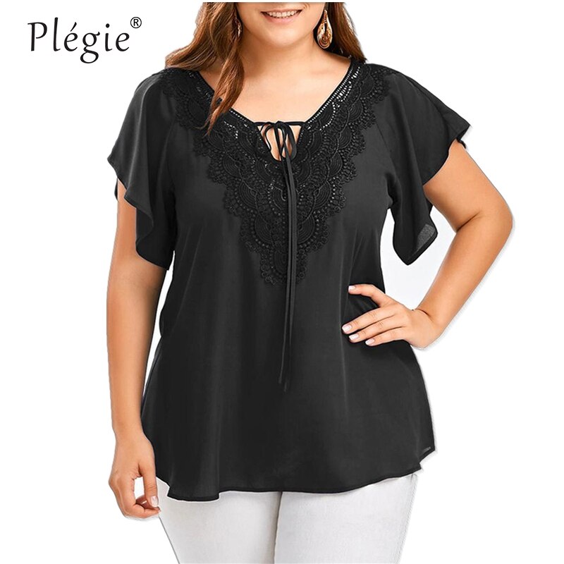 Plegie Large Size Lace Patchwork Shirt Womens Tops and Blouses Short Sleeve Big Size Blusas Femininas Blusas Mujer De Moda 2022