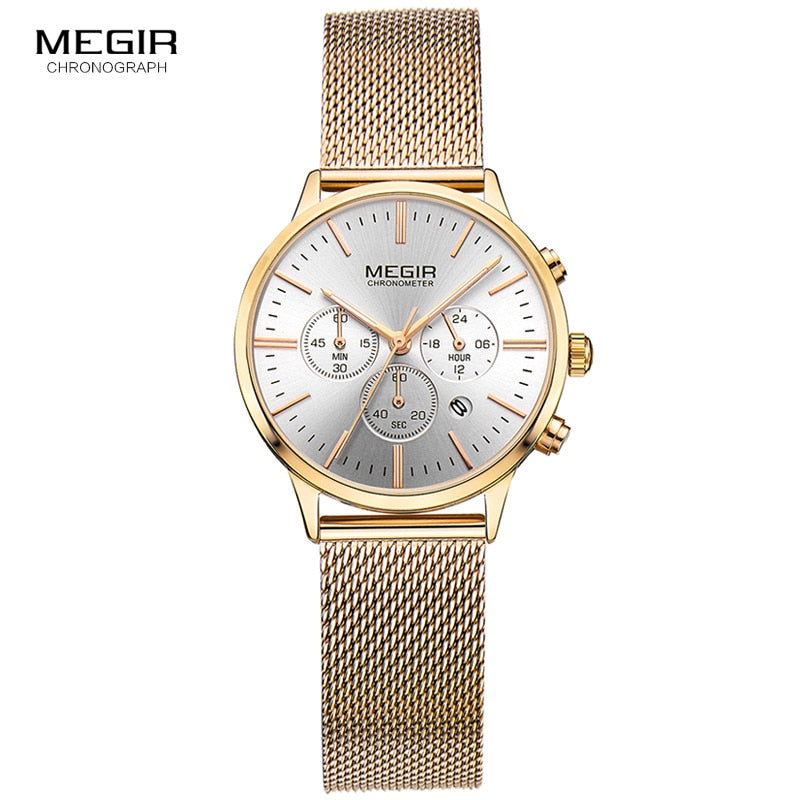 Megir Cronógrafo para mujer Indicador de fecha de manecillas luminosas Correa de malla de acero inoxidable Relojes de pulsera de cuarzo Lady Rose Gold M2011L-1