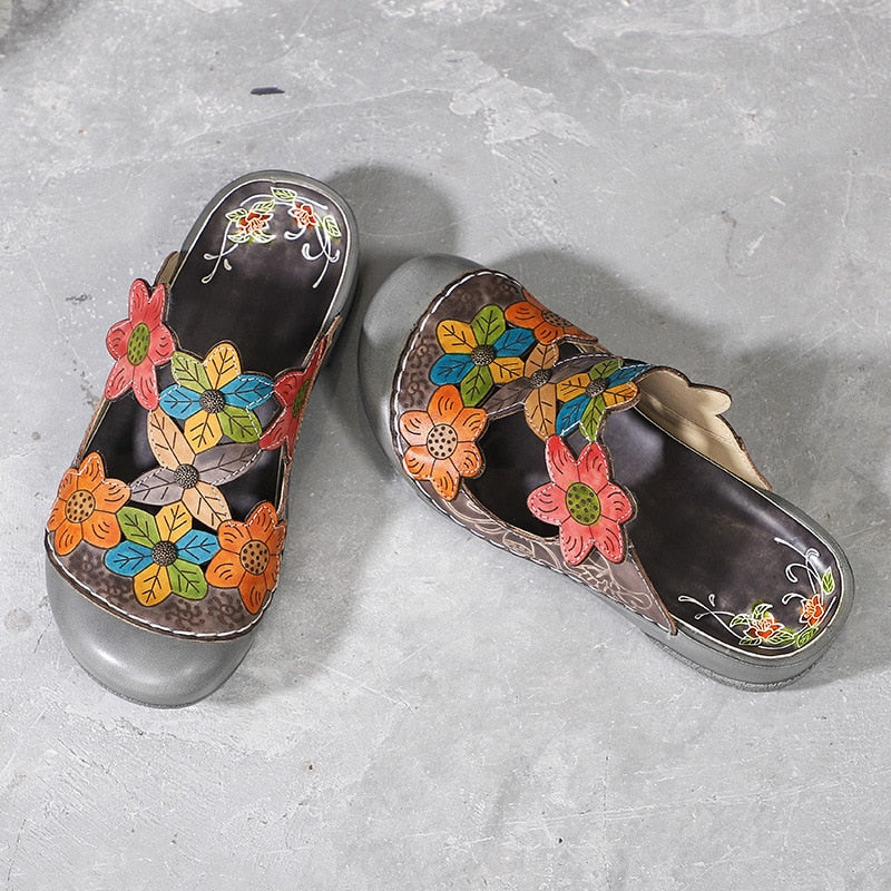 GKTINOO, zapatillas de flores, zapatos de cuero genuino, chanclas hechas a mano, chanclas en la plataforma, zuecos para mujer, zapatillas de mujer de talla grande