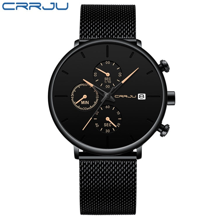 CRRJU Mens Watches Luxury Sport Wrist Watch Unique Design Stainless Steel Auto Date Mesh Strap Men Fashion Casual Quartz Watches