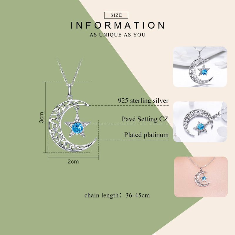 BAMOER Romantic 925 Sterling Silber Funkelnder Mond und Stern Halsketten Anhänger für Frauen Mode Halskette Schmuck Geschenk SCN278