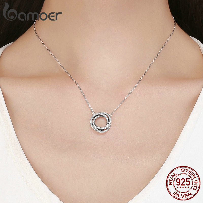 Bamoer Real 925 plata esterlina minimalismo geométrico apilado círculo colgante collares para mujeres Clear CZ joyería fina SCN259