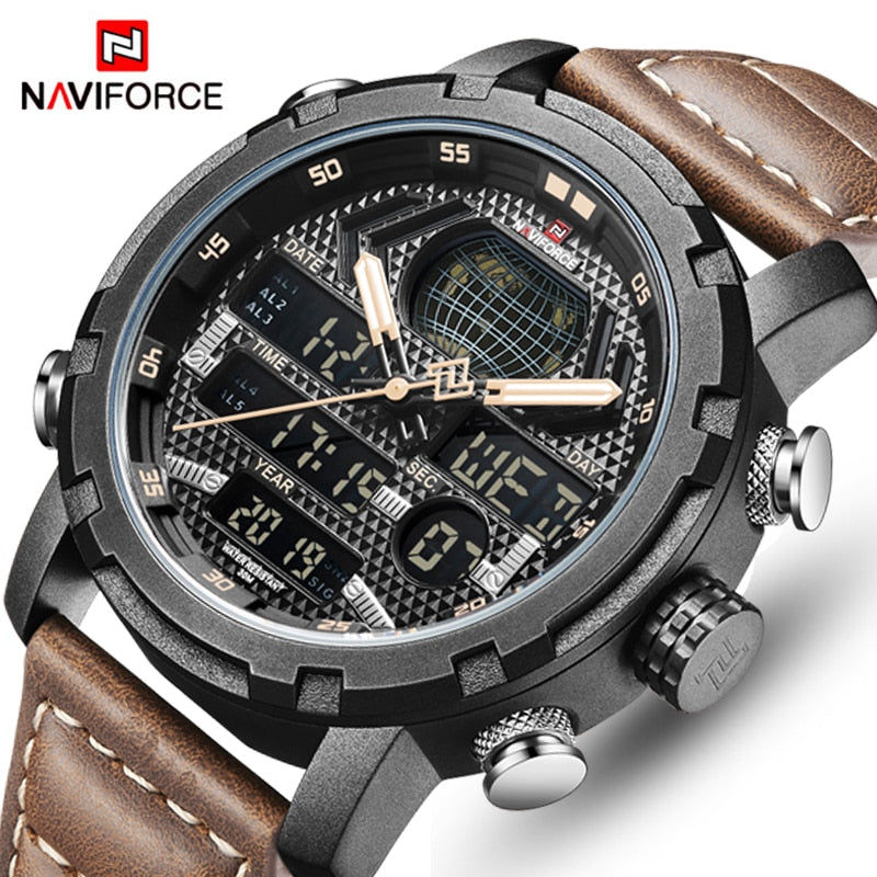 Relojes NAVIFORCE para hombre, relojes deportivos de cuero de marca de lujo para hombre, reloj Digital LED de cuarzo para hombre, reloj de pulsera militar resistente al agua