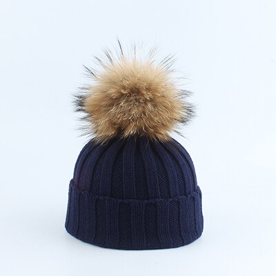 Gorro con pompón de piel auténtica para niños, gorro de punto cálido y bufanda, gorro de invierno para niños y niñas