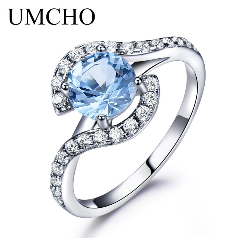 UMCHO Real 925 anillos de plata esterlina para mujer clásico redondo creado cielo azul topacio piedra preciosa boda regalo de San Valentín joyería