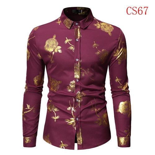 Camisas con estampado floral de rosas doradas para hombre Marca Floral Steampunk Chemise Blanco Manga larga Fiesta de bodas Bronceado Camisa Masculina