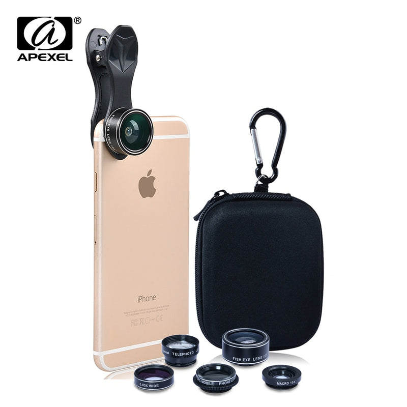 Kit de lente de cámara APEXEL 5 en 1 para iPhone xiaomi HTC HUAWEI Samsung Galaxy S7/j5 Edge S6/S6 Edge y otros teléfonos inteligentes Android