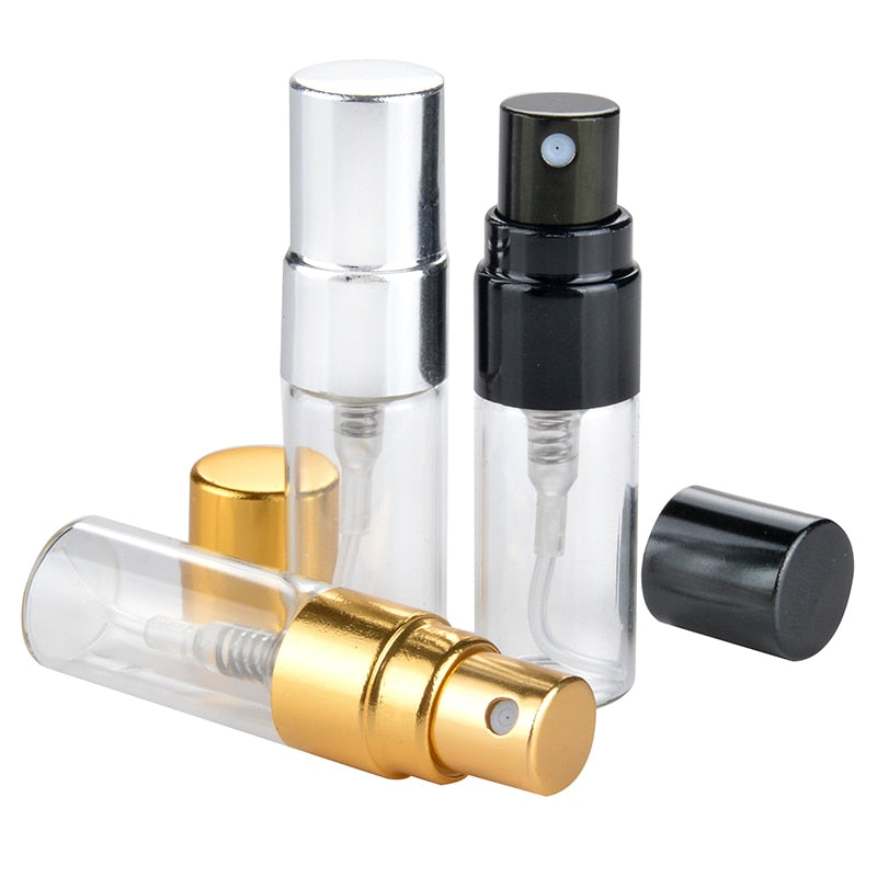 50 unids/lote 2ml botella de Perfume recargable de vidrio portátil con atomizador de aluminio estuche de Perfume vacío para viajero