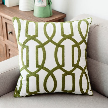 Home Decor Emboridered Cushion Cover Green Geometric Canvas Cotton Suqare Embroidery Pillow Cover 45x45cm