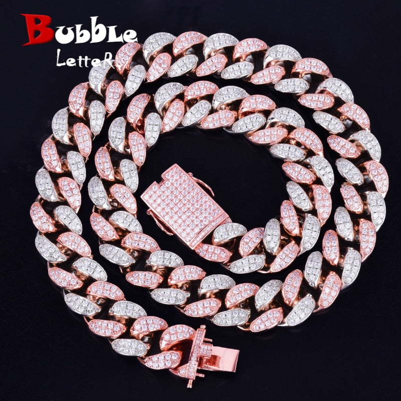 Bubble Letter 20mm Heavy Rose Color Zircon Miami Cadena de eslabones cubanos para hombres Collar Gargantilla Hip Hop Joyería Artículos de envío gratis