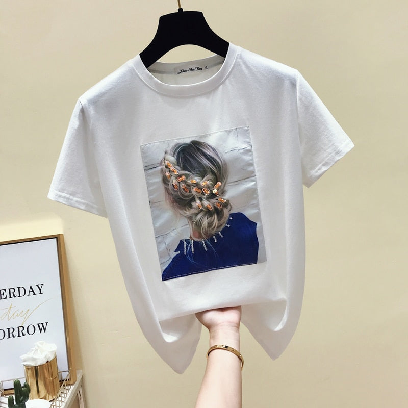 gkfnmt Korea Stil Mode T-shirt Frauen Tops Baumwolle Kurzarm Applikationen Weißes T-shirt Frauen Sommer Top Schwarzes T-shirt 2021