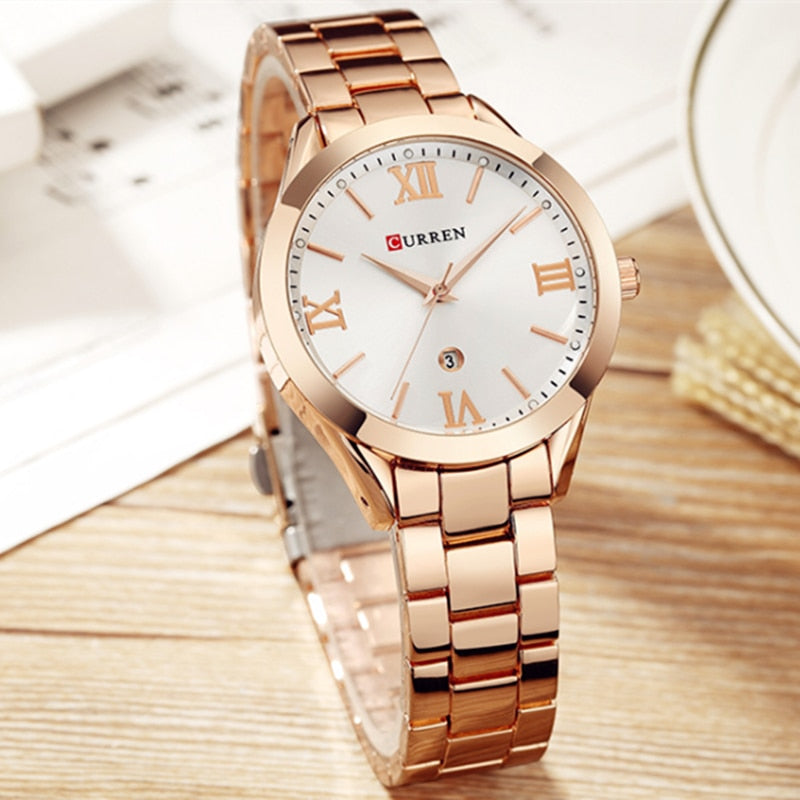 Reloj CURREN para Mujer, relojes de pulsera de cuarzo de marca superior para Mujer, Reloj de pulsera de acero inoxidable para Mujer, Reloj de regalo para Mujer, oro rosa