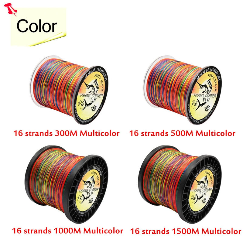 16 Strands PE Braid 300M/500M/1000M/1500M Braided Fishing Line Multicolor Super Power Japan Multifilament Saltwater/Freshwater