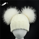 Winter-Baby-Strickmütze mit zwei Pelzbommeln Junge Mädchen Natürliche Pelzknäuel-Mütze Kinderkappen Doppelte Echtpelz-Pom Pom-Mütze für Kinder