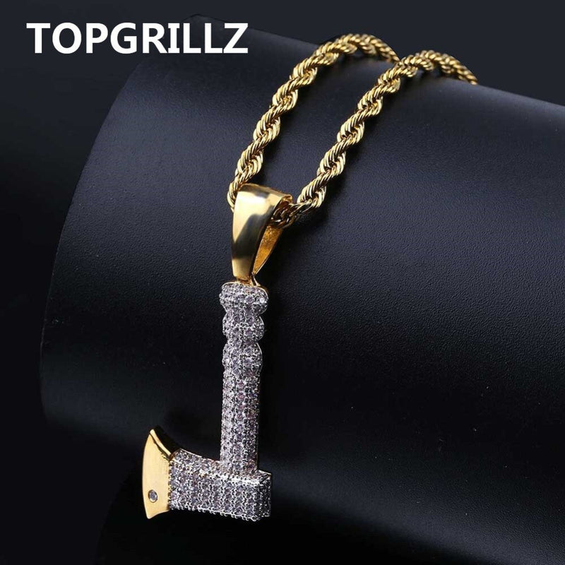 TOPGRILLZ Hip Hop Jewelry Ax Necklace&amp;Pendant Copper Gold Color Plated Iced Out Micro Pave Cubic Zircon Charm For Men Gifts