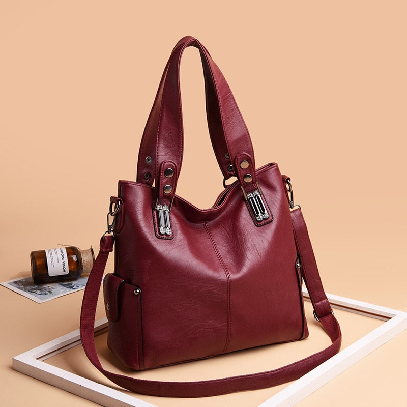 New Fashion Women Leather Handbags Female Leather Shoulder Crossbody Bag Ladies Large Bucket Tote Bag Black/Red Sac a Main