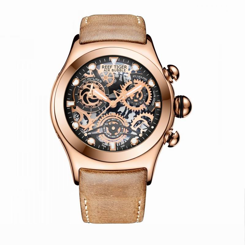 Reef Tiger/RT Chronograph Sport Watches for Men Skeleton Dial with Date Three Counters Luminous Rose Gold Unique Watches RGA792