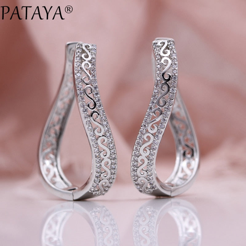 PATAYA New Wave Big Circle Drop Earrings Women Fashion Jewelry 585 Rose Gold Color Micro Wax Inlay Natural Zircon Long Earrings