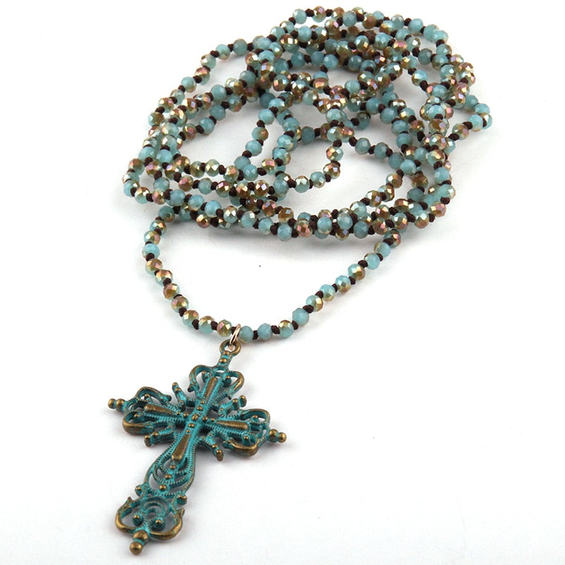 Fashion Bohemian Tribal Jewelry 4mm Mini Blue Green Glass Knotted Cross Pendant Necklace For Women Lariat Necklaces