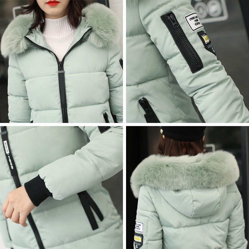 2021 nueva chaqueta de invierno larga holgada con capucha para mujer con cuello de piel parka gruesa cálida acolchada de algodón abrigo de moda para mujer parkas