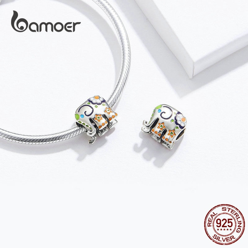 bamoer Thailand Elephant Silver 925 Jewelry Charm for Women Colorful Enamel Animal Guardian Beads fit Charms Bracelets BSC095