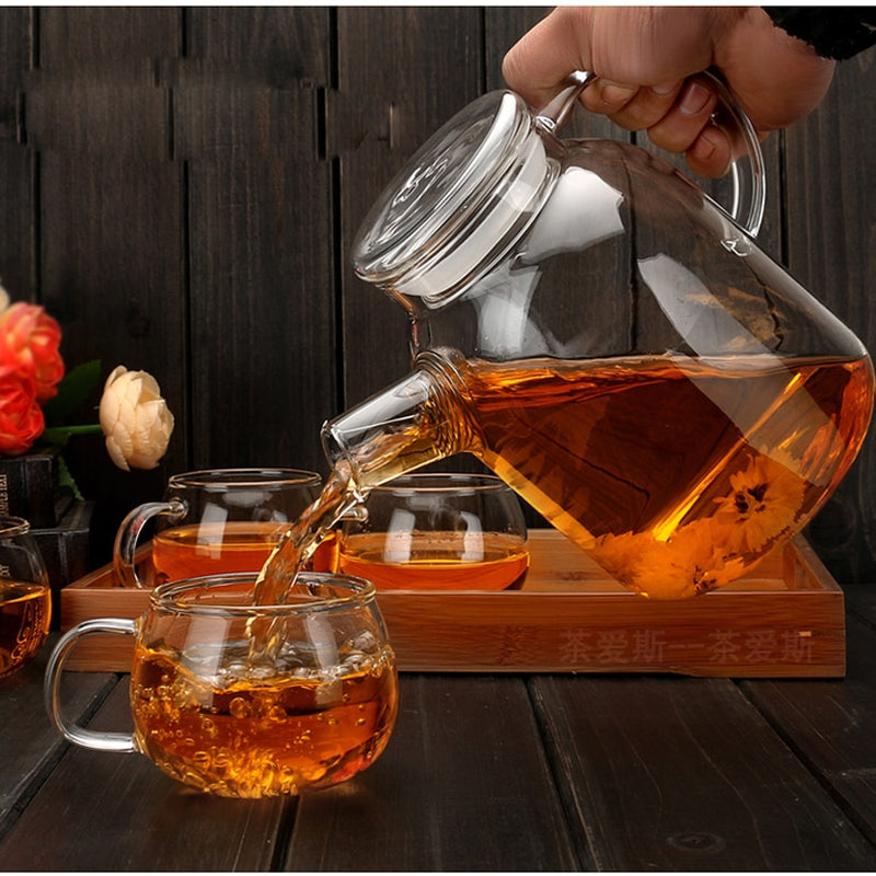 1000ml/1800ml Glass Kettle Water Jug Heat Resistant Flower Teapots with Bamboo Lid Stainless Steel Cover Clear Juice Container