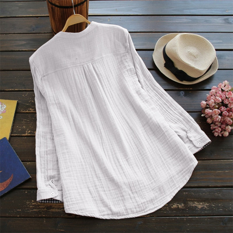 2022 ZANZEA, blusa de algodón para mujer, cuello en V liso, manga larga, bolsillos con botones, Blusas femeninas de otoño, camisa holgada de verano