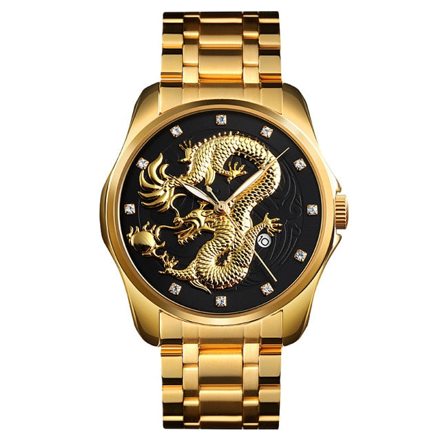 2020 SKMEI Luxury Chinese Dragon Pattern Men Golden Quartz Watch Male Watches Waterproof Wristwatches Relogio Masculino 9193