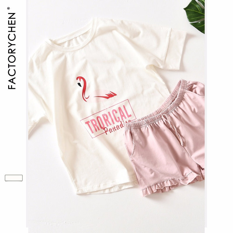 Flamingos Short Sleeved + Shorts Home Suit Spot 100% Baumwolle Pyjama-Sets Summer Nightly Empfohlene Damen-Pyjama-Heimkleidung