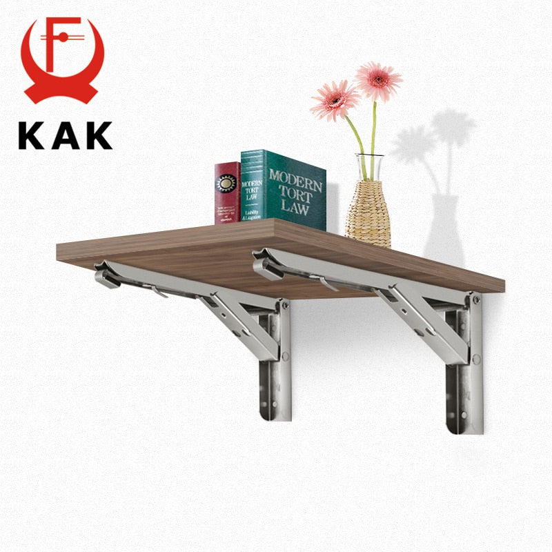 KAK 2PCS Folding Triangle Bracket Stainless Steel Shelf Support Adjustable Shelf Holder Wall Mounted Bench Table Shelf Hardware