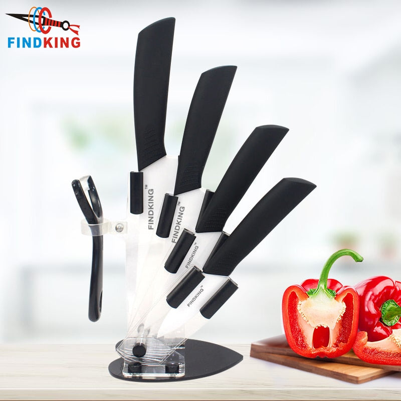 FINDKING Quality kitchen knife ceramic knife set  3" 4" 5" 6 inch peeler with Acrylic Holder Black blade knives kitchen tools