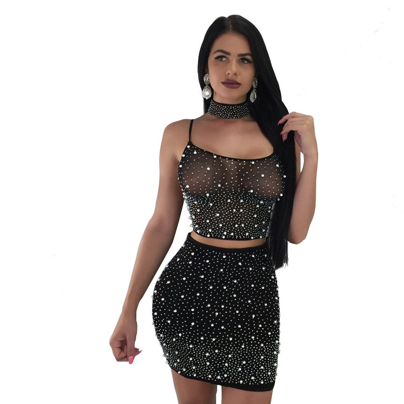 Adogirl Sheer Mesh Pearls 3 Piece Set Women Sexy Night Club Outfits Choker+Spaghetti Straps Lace Up Backless Crop Top+Mini Skirt