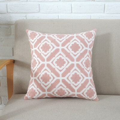 Funda de cojín bordada para decoración del hogar, funda de almohada bordada de algodón de lona geométrica rosa gris, 45x45cm