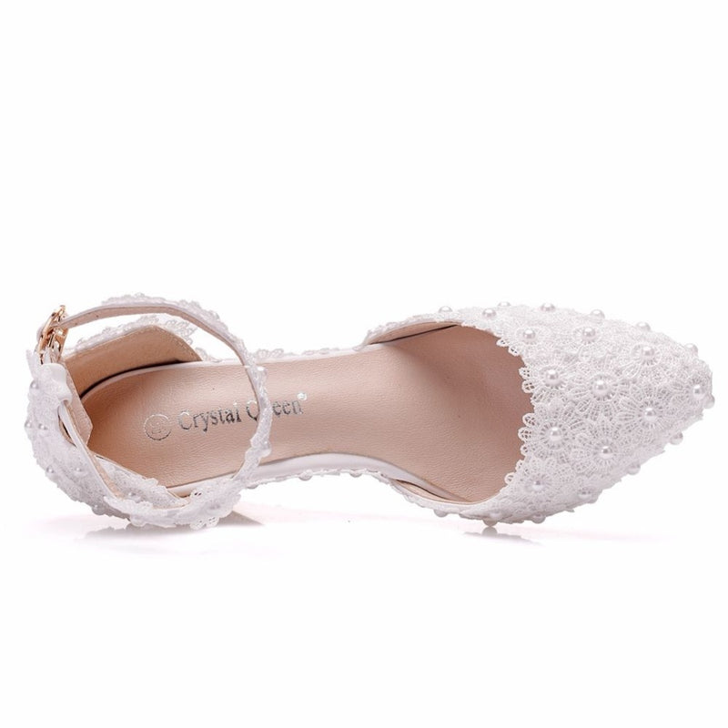 Crystal Queen Wedges Heel Mujer Zapatos de boda Novia White Lace UP Sweet Bridesmaid Bombas nupciales Plataforma
