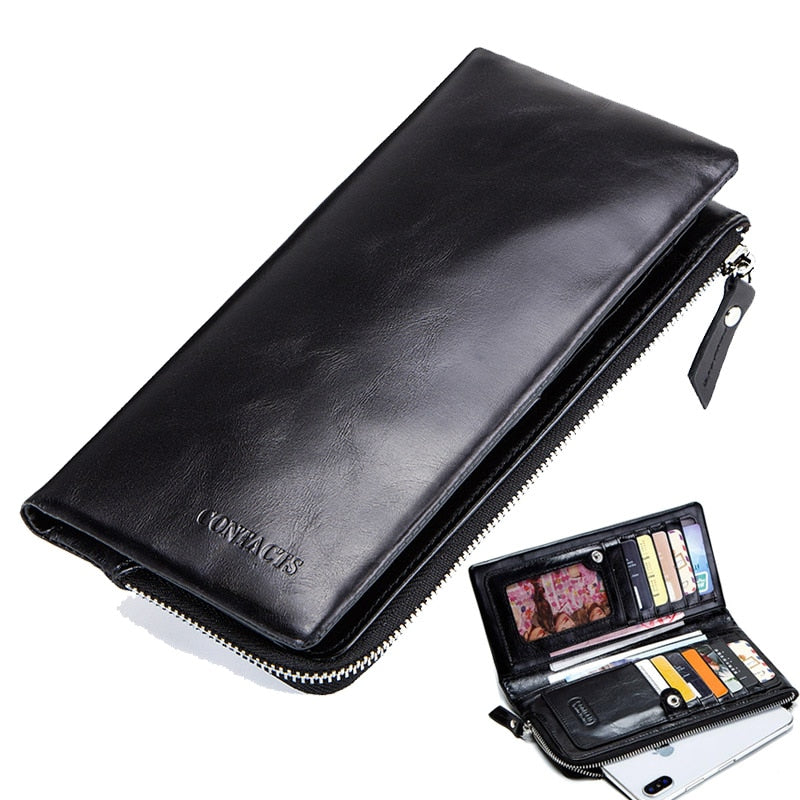 Cartera de cuero genuino para hombre con cera de aceite de CONTACT'S, carteras cortas negras para hombre, tarjetero masculino Portomonee