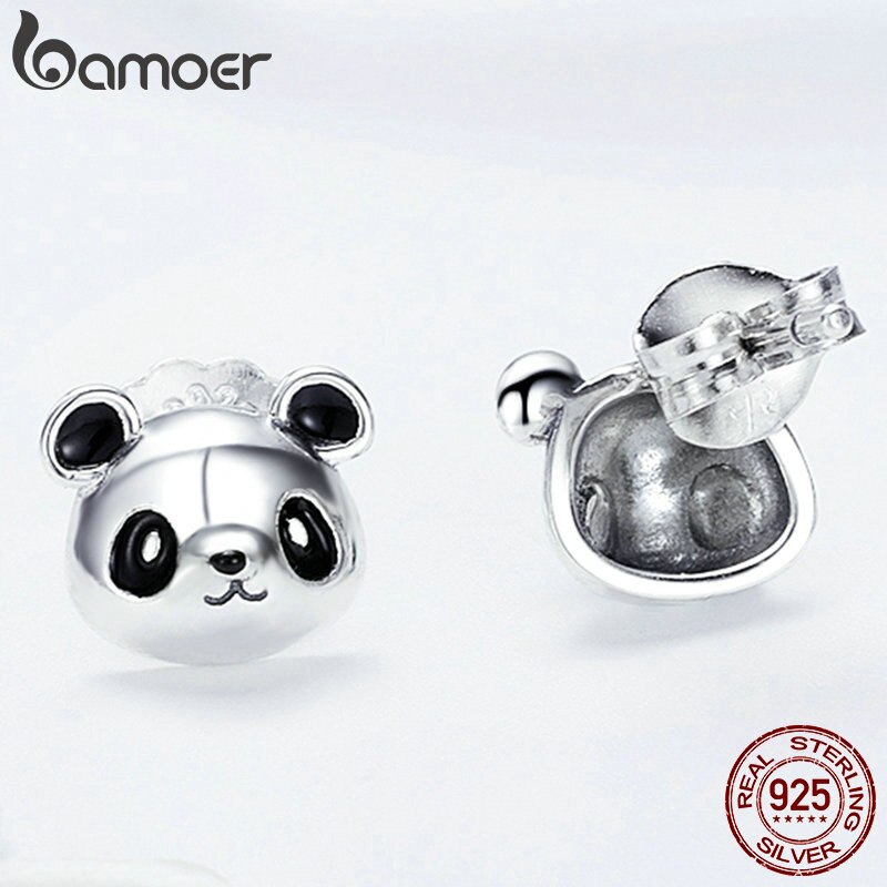 BAMOER Genuine 100% 925 Sterling Silver Animal Collection Cute Panda Stud Earrings for Women Sterling Silver Jewelry SCE386