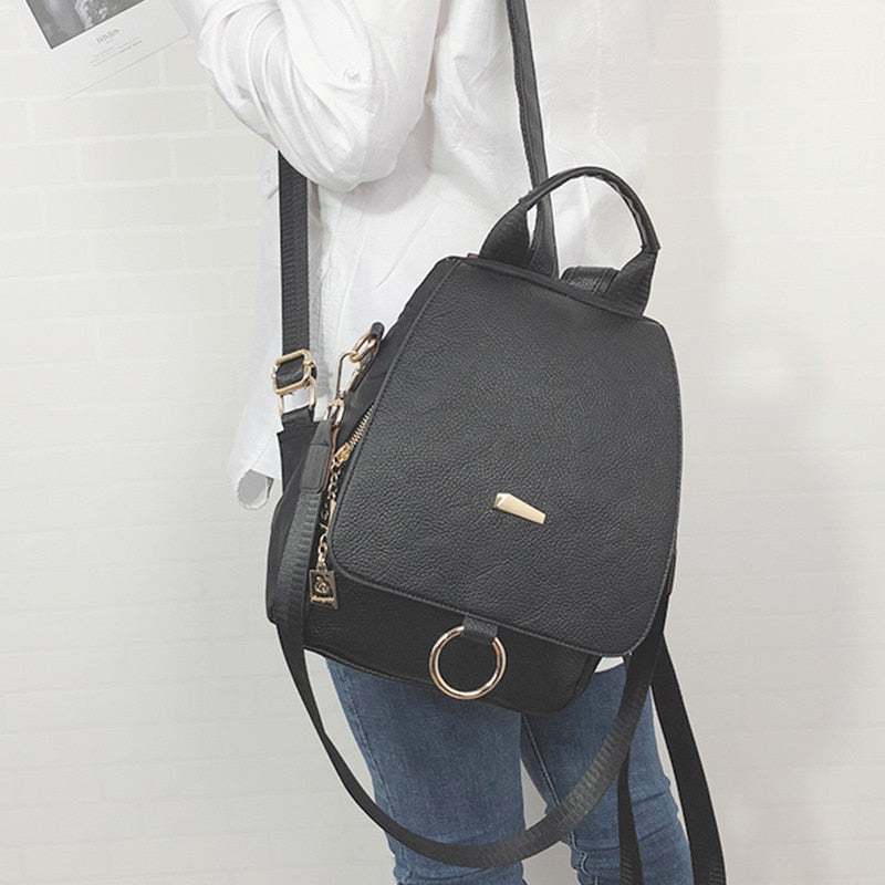 Female backpack shoulder bag women messenger PU leather and nylon backpacks Travel Bags mochila vintage College school bag black