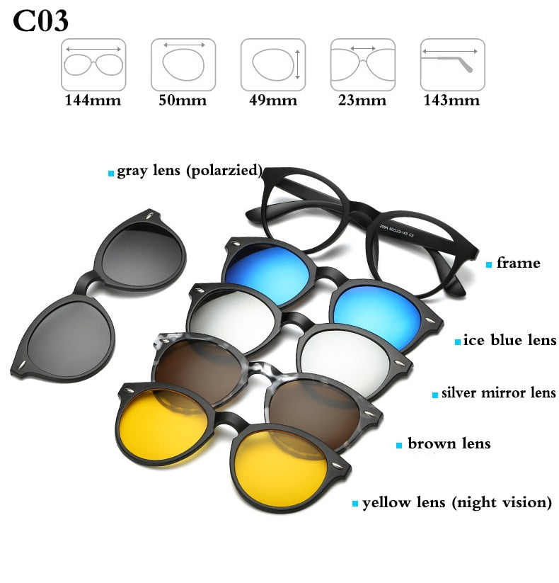 Fashion Optical Spectacle Frame Men Women With 5 Clip On Sunglasses Polarized Magnetic Glasses For Male Myopia Eyeglasses RS159